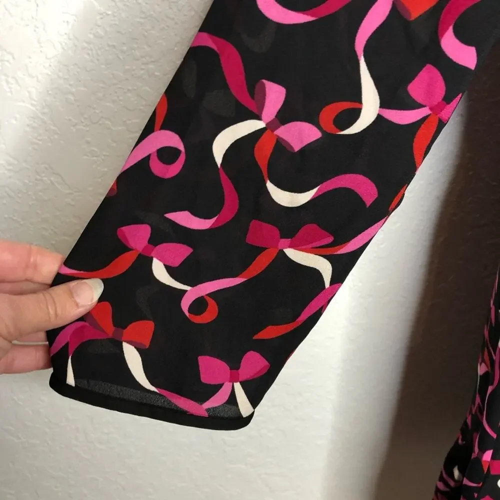 Kate Spade black red pink ribbon bow v neck dress size 6